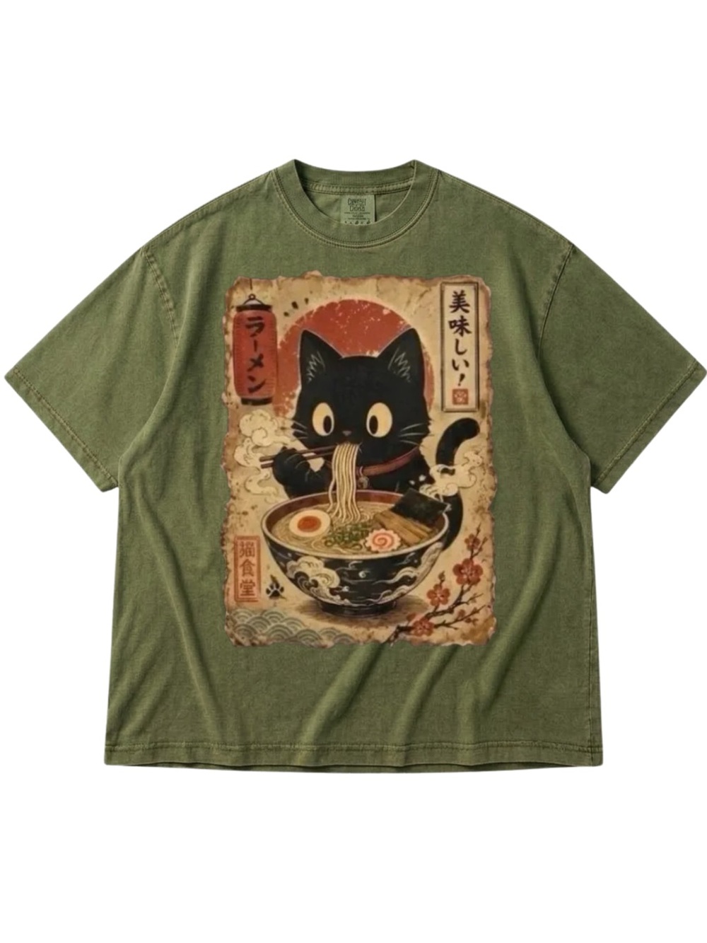 Comfort Colors Olive Green Cat Ramen Graphic Tee